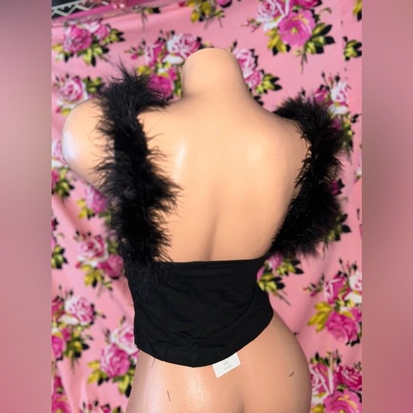 Black feather marabou tank top shirt crop cotton pinup retro rockabilly sexy nwt - Picture 4 of 5